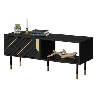 Dmora Mesa De Centro, Con Dos Compartimentos De Almacenaje Y Puertas Abatibles, Elevada Del Suelo, 110x60 H46 Cm, Color Negro Y Dorado