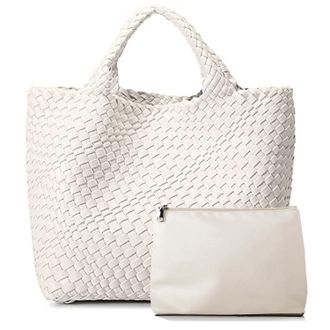 Generic Dyalsa Women Woven Handbag Soft Vegan Leather Shoulder Bag Summer Handmade Hobo Bag Clutch Bag Set for Work Travel (Off-White)