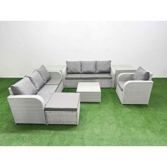 Fimous 8 Seater Poly Rattan Outdoor Garden Furniture Square Coffee Table Sofa Set Patio 3 Seater Sofa Reclining Chair 3 Seater Sofa Big Footstool Light Grey