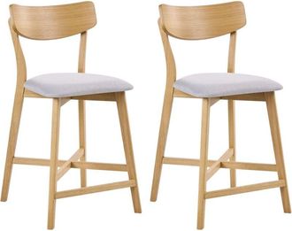 Beliani Set of 2 Bar Chairs Light Brown and Grey Rubberwood Frame Fabric Seat Armless Retro Design HOPE