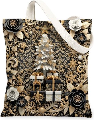 Generic Christmas Floral Canvas Tote Bags, Gold and Black Design Reusable Grocery Bags, Vintage Lightweight Washable Shoulder Strap, Black, 13x15 Inch