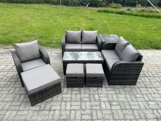 Fimous 8 Seater Rattan Outdoor Garden Furniture Sofa Set Patio Table & Chairs Set with Side Table 3 Footstools Dark Grey Mixed