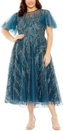Mac Duggal Plus High Neck Flutter Sleeve Embellished A-Line Dress