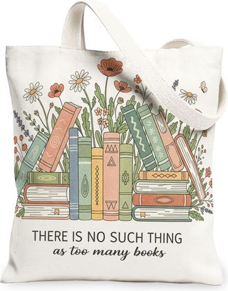 Generic Floral Books Canvas Tote Bags, Vintage Literature Design Reusable Grocery Bags, Lightweight Washable Shoulder Strap Canvas, Natural, 13x15 Inch