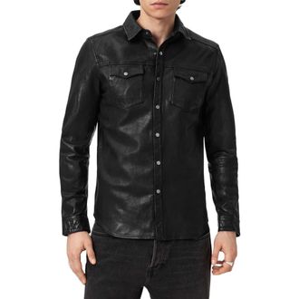 AllSaints Irwin Leather Snap-Up Shirt in Black at Nordstrom, Size X-Small