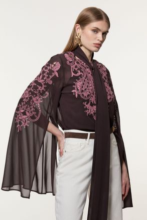 Karen Millen Womens Cutwork Beaded Georgette Tie Neck Woven Blouse With Drama Sleeve - Chocolate - Size 8 UK