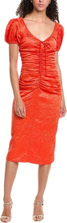 Ganni Crinkled Satin Gathered U-Neck Midi Dress