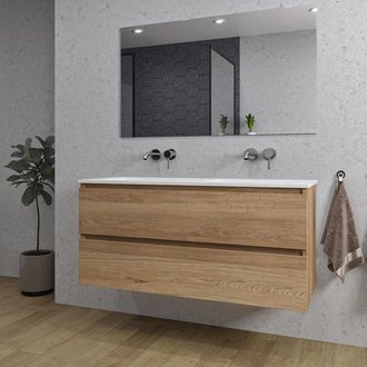 Saniclass Chaci Badkamermeubelset - 120x46x55cm - keramische wastafel wit - 2 wasbakken - zonder kraangaten - 2 lades - rechthoekige spiegel - eiken