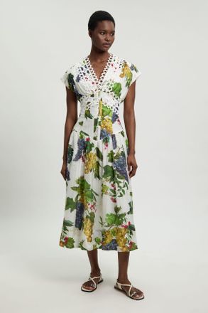 Karen Millen Womens Fruit Print Tape Detail Short Sleeve Woven Maxi Dress - Floral Viscose - Size 10 UK
