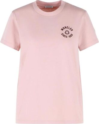 Moncler Tops, Dames, Roze, S, Katoen, Ribgebreide T-shirt met ronde hals en logo