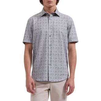 Bugatchi Miles OoohCotton Leaf Print Short Sleeve Button-Up Shirt in Shark at Nordstrom, Size Xxx-Large