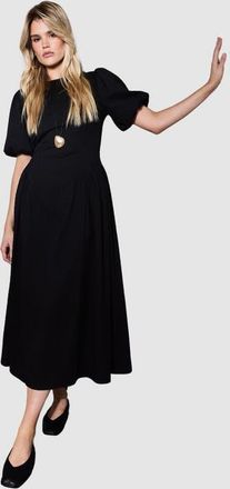 Warehouse Seersucker Puff Sleeve Midi Dress in Black at Nordstrom, Size 10