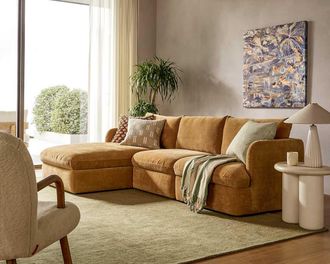 Castlery Ollie Storage Chaise Sectional Sofa Left Facing - Mustard Brown Removable Covers Gaslift Storage