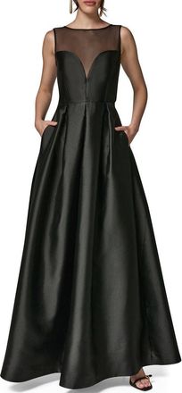 DKNY Mesh Yoke Fit & Flare Mikado Gown in Black at Nordstrom, Size 10