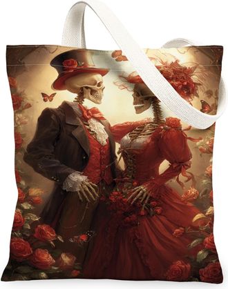 Generic Halloween Floral Canvas Tote Bags, Skeleton Couple Design Reusable Grocery Bags, Autumn Retro Lightweight Washable Shoulder, Red, 13x15 Inch