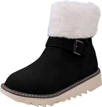 Generic Winter Boots Women Faux Fur Lining Walking Booties Casual Stylish Buckle Side Zipper Thick Sole Warm Comfortable Snow Boots Cosy Ankle Booties