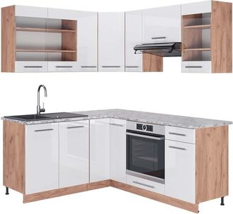 Vicco Cocina Esquinera Fame-line, Blanco Brillo Intenso/roble Dorado, 160 X 190 Cm, Et M&aacute;rmol