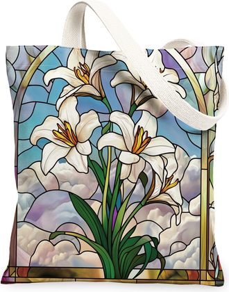 Generic Stained Glass Lilies Flower Canvas Tote Bag for Shopping 13x15, Cool Floral Garden Reusable Grocery Print Bag for Women, Fun Wildflower Beach Aestheti