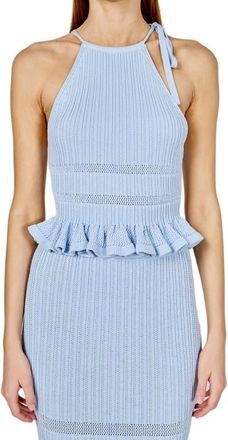 endless rose Ruffle Knit Tie Neck Top in Powder Blue at Nordstrom, Size Medium