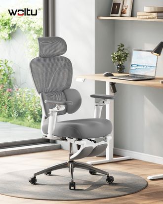 Woltu Woltu Silla De Oficina Ergon&oacute;mica, Profundidad Ajustable, Con Soporte Lumbar, Reposacabezas 3d Y Reposabrazos 6d, Gris Y Blanca