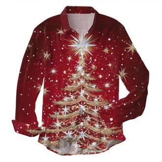 Generic Christmas Shirts for Men, Long Sleeve, Christmas Shirt, Funky Christmas Long Sleeve Shirt, Button Down with Christmas Tree Print, Christmas Costume, L