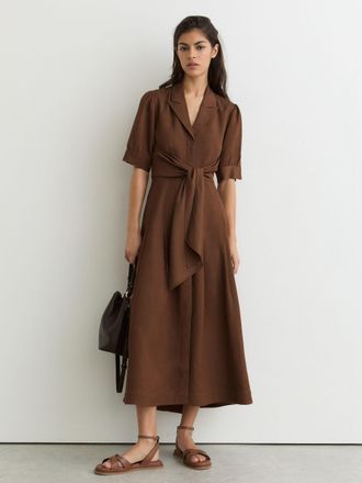 Reiss Rust Orange Short-sleeve Belted Midi Dress With Linen, 10