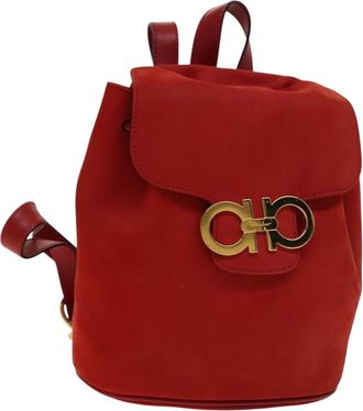 Ferragamo Gancini Flap Drawstring Backpack Suede Red Suede Backpack Bag (Pre-Owned)
