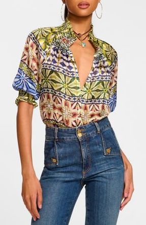 Ramy Brook Chela Metallic Silk Shirt in Ribbon Blue Combo at Nordstrom Rack, Size Xx-Small