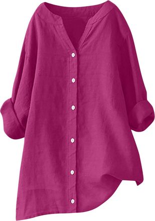 Generic Womens Linen Tops UK Long Sleeve V Neck Button Down Solid Summer Cotton Linen Blouses Casual Fashion Loose Lightweight Comfy T-Shirt Women Tshirt Hot 