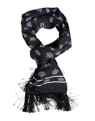 Dolce & Gabbana Mens Black Silk Crown Fringes Men Foulard Scarf - One Size
