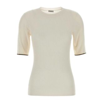 Brunello Cucinelli Brunello Cucinelli, Round-neck Knitwear, female, White, Size: M Cashmere and Silk Knit Top