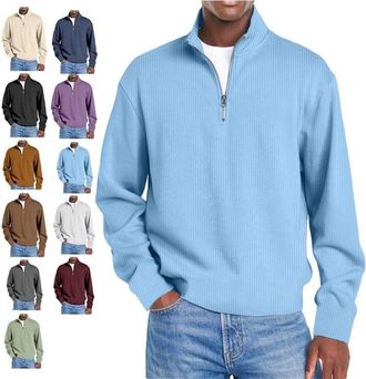 Generic Mens Shirts, Mens Simple Casual Ribbed Stand Collar Zipper Long Sleeve T-Shirt, Autumn Henley Daily Shirts (Light Blue,XXL)