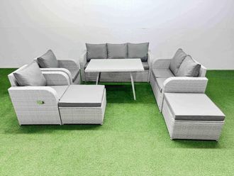 Fimous Outdoor Rectangular Table Sofa Set with Reclining Chair 2 Big Stool in Light Grey