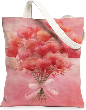Generic Floral Canvas Tote Bags, Heart Bouquet Pattern Reusable Grocery Bags, Romantic Vintage Lightweight Washable Shoulder Strap, Peach, 13x15 Inch