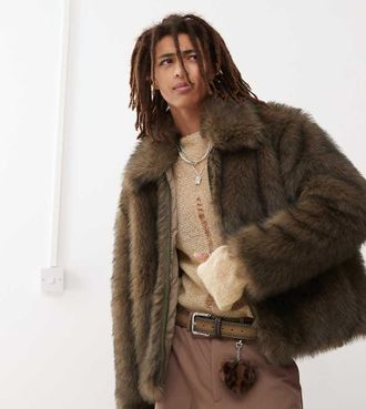 Weekday Lothar faux fur jacket with collar in brown exclusive to ASOS