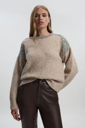 Karen Millen Embellished Trim Cosy Knit Jumper in Oatmeal at Nordstrom, Size X-Small
