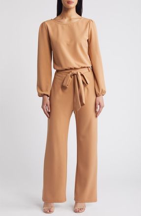 Nikki Lund Laurie Long Sleeve Tie Waist Jumpsuit in Almond at Nordstrom, Size X-Large