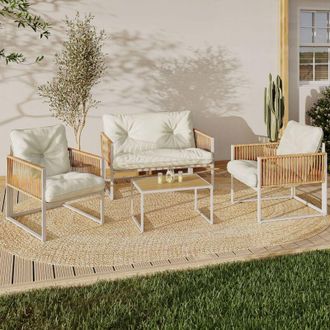 IDMarket Conjunto De Muebles De Jard&iacute;n Rio De 4 Plazas Con Estructura De Metal Blanco, Cuerdas De Rat&aacute;n Claro Y Cojines Beige