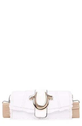 True Religion Frayed Denim Flap Bag with Logo Strap in White at Nordstrom