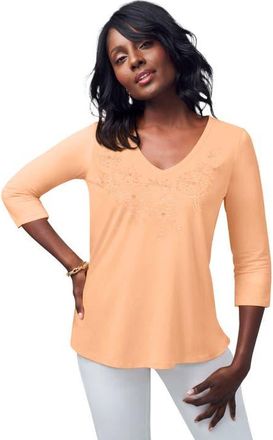 Jessica London Stretch Cotton Embroidered Tee in Peach Fuzz Floral Embroidery at Nordstrom, Size Small