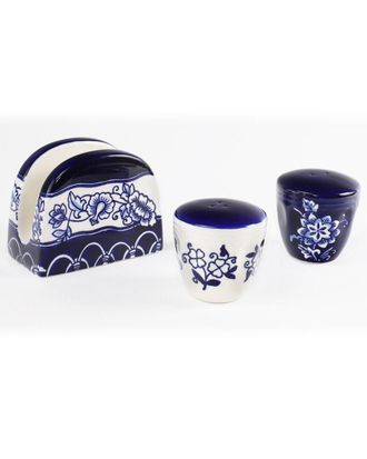 Euroceramica Blue Garden Table Accessory Set (Salt And Pepper Shakers & Napkin Holder)