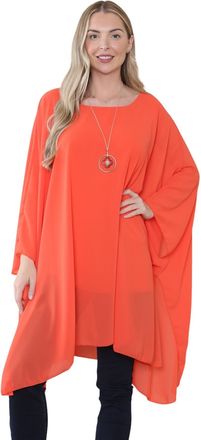 Janisramone Women Chiffon Kimono Top with Necklace, Round Neck Batwing Long Sleeve Top, Elegant Summer Tops for Women UK, Plain Baggy Long Kimono, Ladies Italian 
