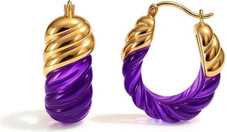 Gold & Honey Womens Rope Shrimp Lucite Birthstone Hoop Earrings In February - Amethyst