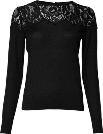 Dolce & Gabbana Zwarte Bloemen Kant Cashmere Blend Blouse - Dames - Longsleeves - Zwart - 2XS - Tops