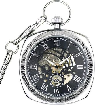 TruClothing Mechanical Skeleton Open Face Square Pocket Watch With Chain