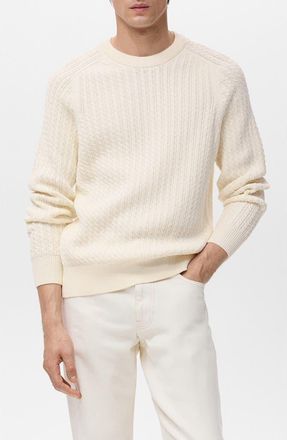 Mango Cabled Cotton Crewneck Sweater in Off White at Nordstrom, Size Xx-Large