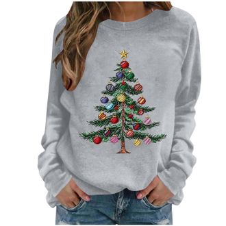 Generic Christmas Ugly Jumpers Women Christmas Tree Printed Jumper Novelty Fleece Long Sleeve Sweatshirt Oversized Pullover Tops Xmas Graphic Funny Sweater Wi