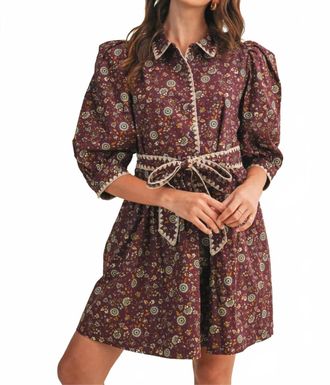 Merci Blanket Stitch Floral Mini Dress In Plum