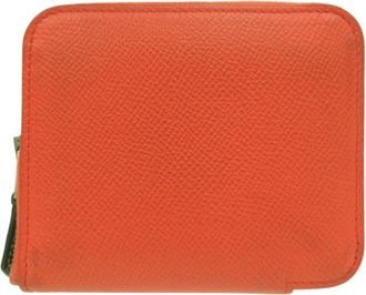 Hermès Orange Leather Silk Coin Purse/Coin Case (Pre-Owned)