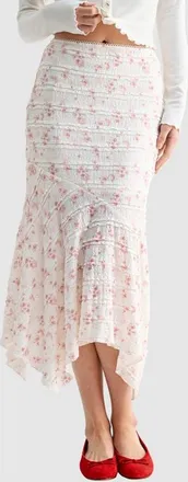 All in Favor Print Lace Ruffle Handkerchief Hem Maxi Skirt in Cream Pink Floral at Nordstrom, Size X-Small